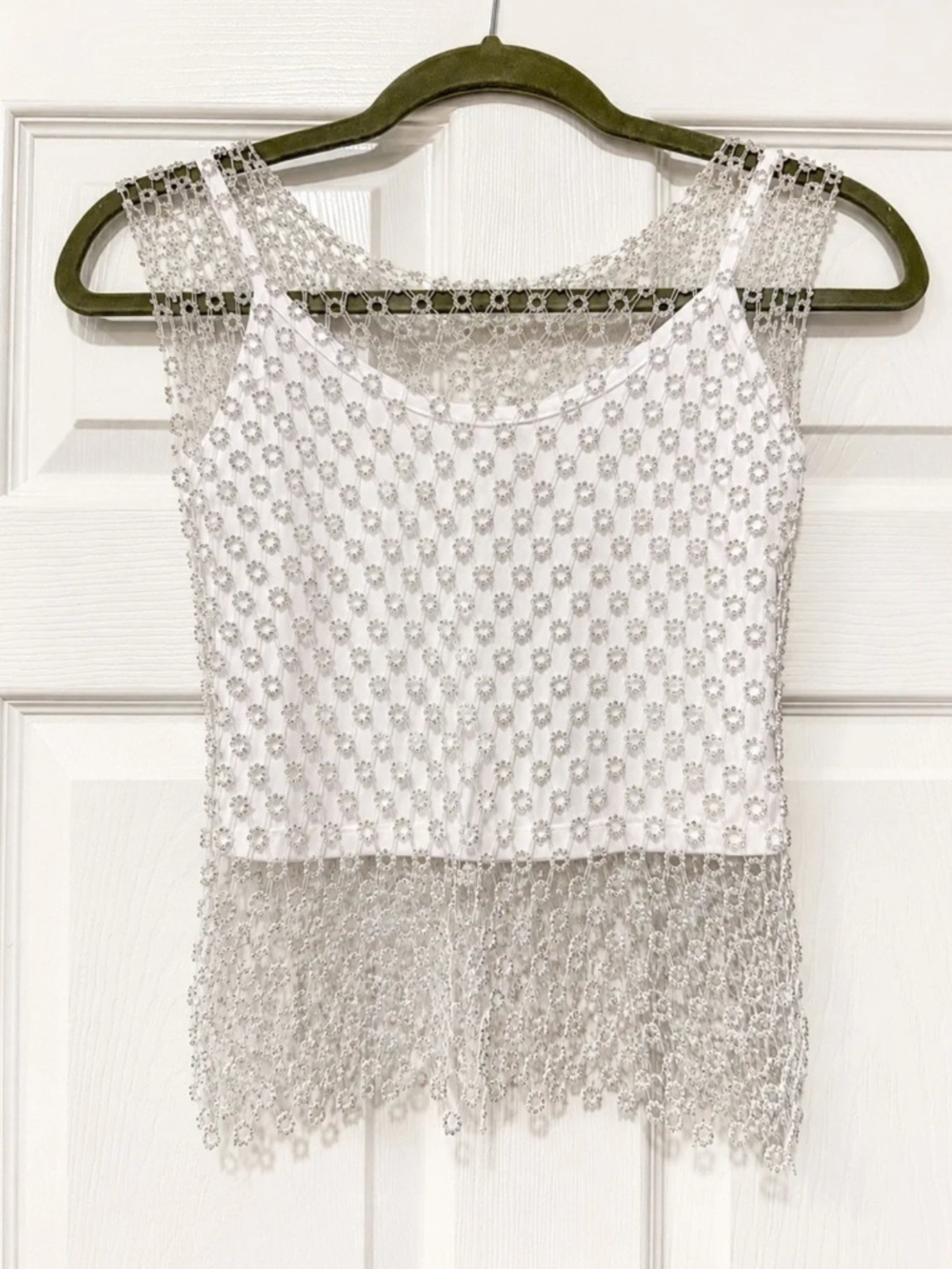 House of Harlow 1960 White Tank with Silver Beaded Overlay